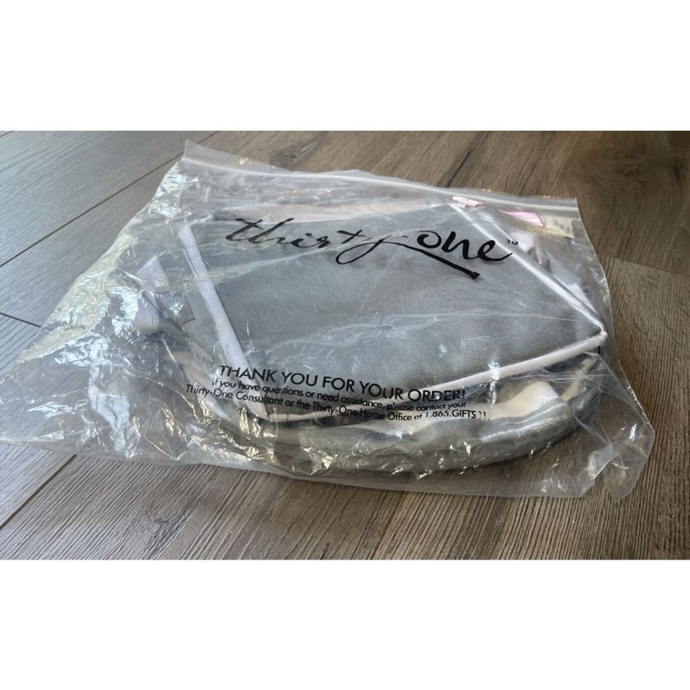 Thirty One Mini Storage Bin Tote Gray White Brush Strokes Collapsible Round NEW - Picture 4 of 8
